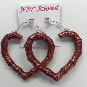 Betsey Johnson New Tubular Glittery Red Heart Earrings